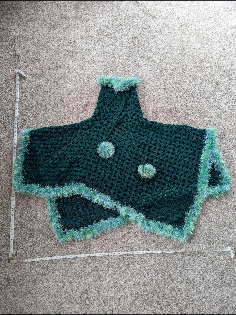 Handmade Dark Green Crochet Poncho with Fuzzy Trim